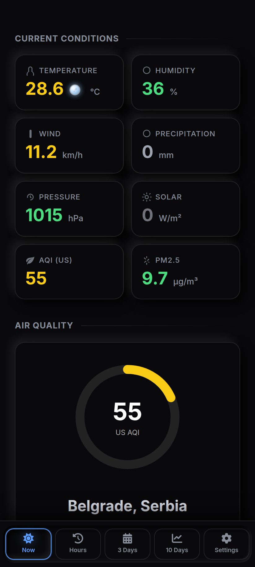 AeroSense current conditions and air quality