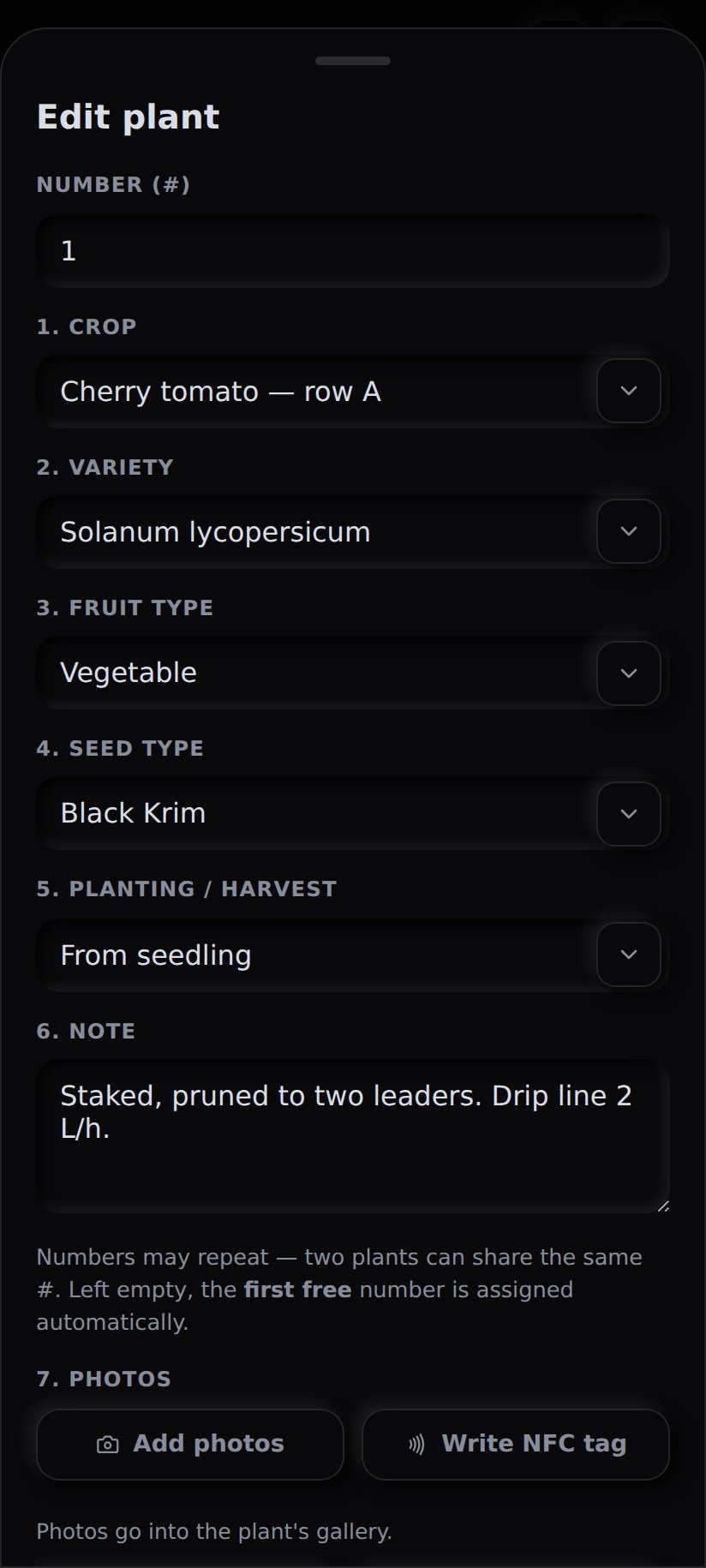 FieldMobile plant form with photos and NFC
