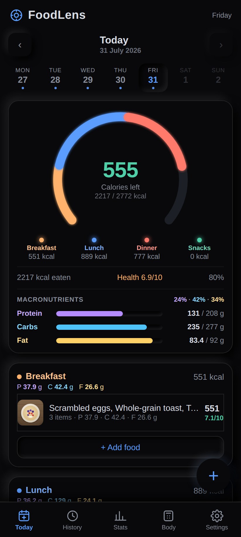 FoodLens today screen with calorie ring and macro bars