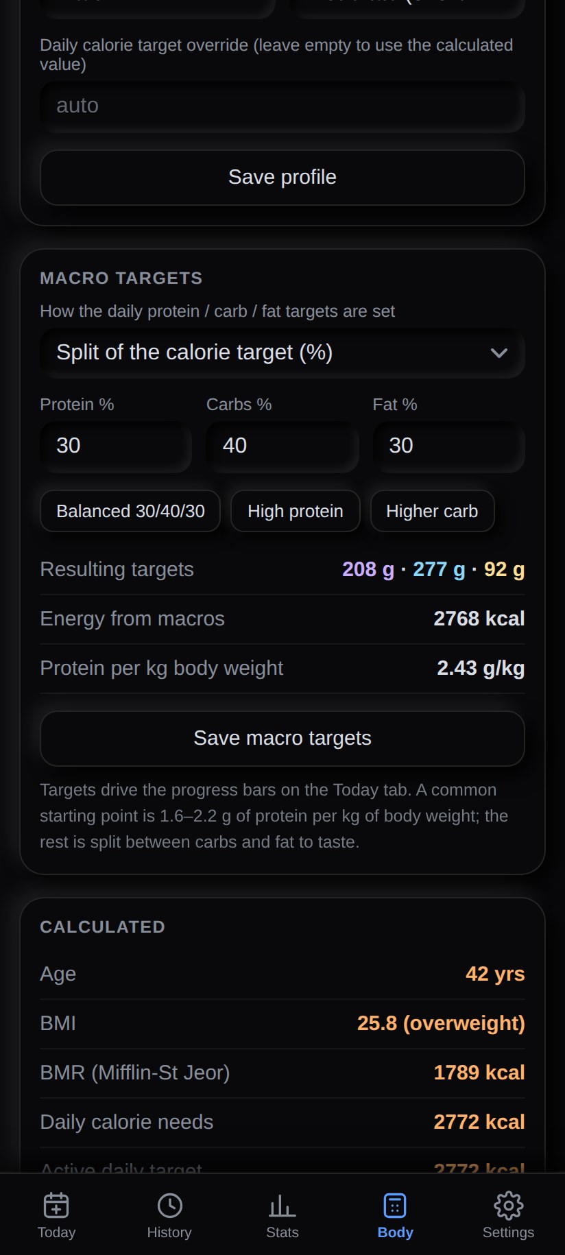 FoodLens macro targets, BMI and daily calorie needs