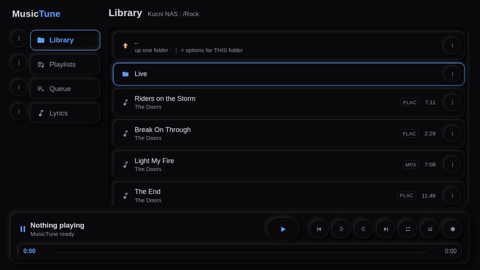 MusicTune browsing a folder on a network share, songs with artist names and track length