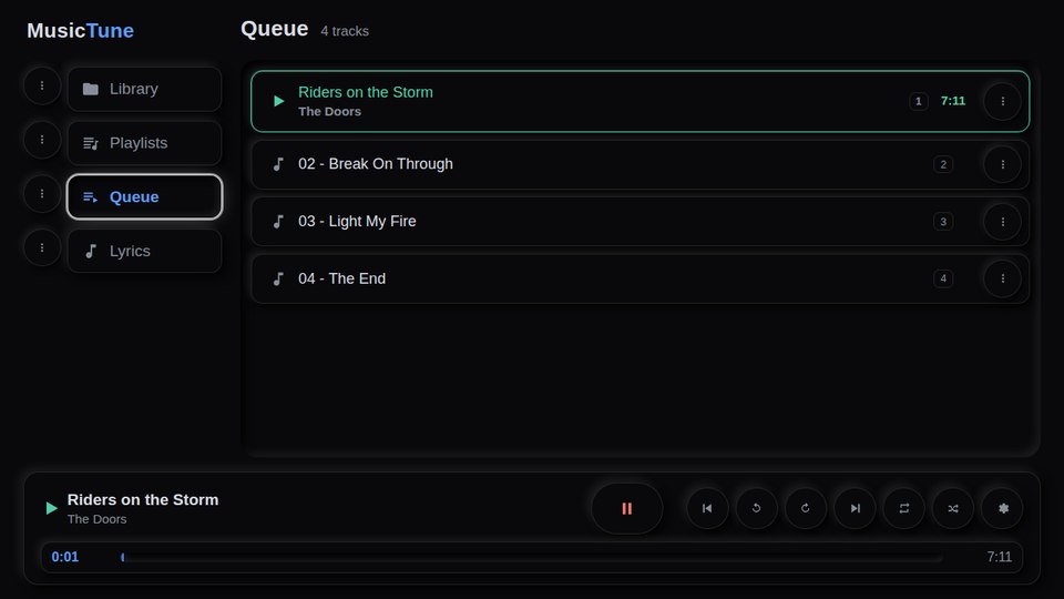 MusicTune queue with the playing track framed in green and options on every row