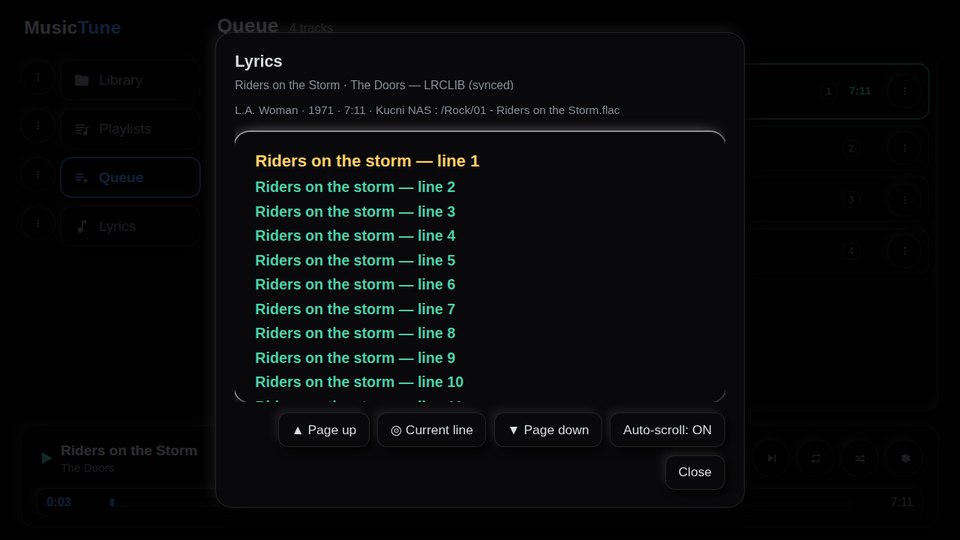 MusicTune lyrics view with the line being sung highlighted in yellow