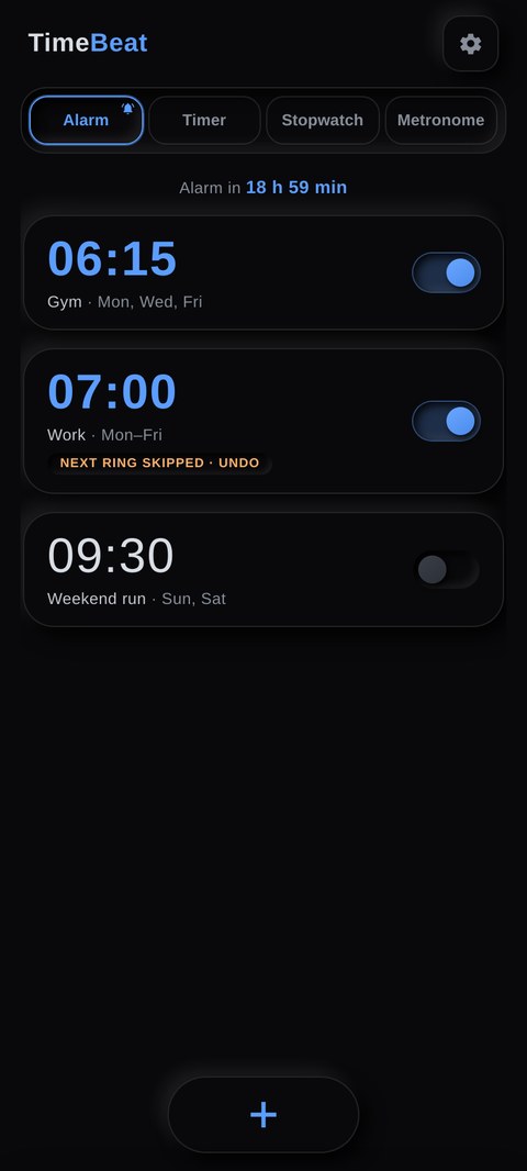 TimeBeat alarm list with repeat days and a skipped next ring