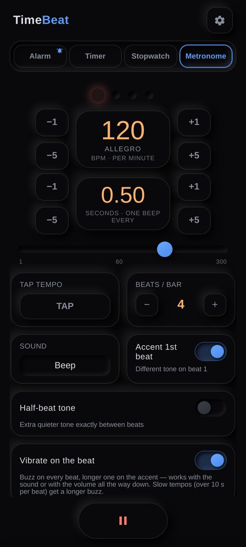 TimeBeat metronome with tempo slider, beats per bar and vibration switch