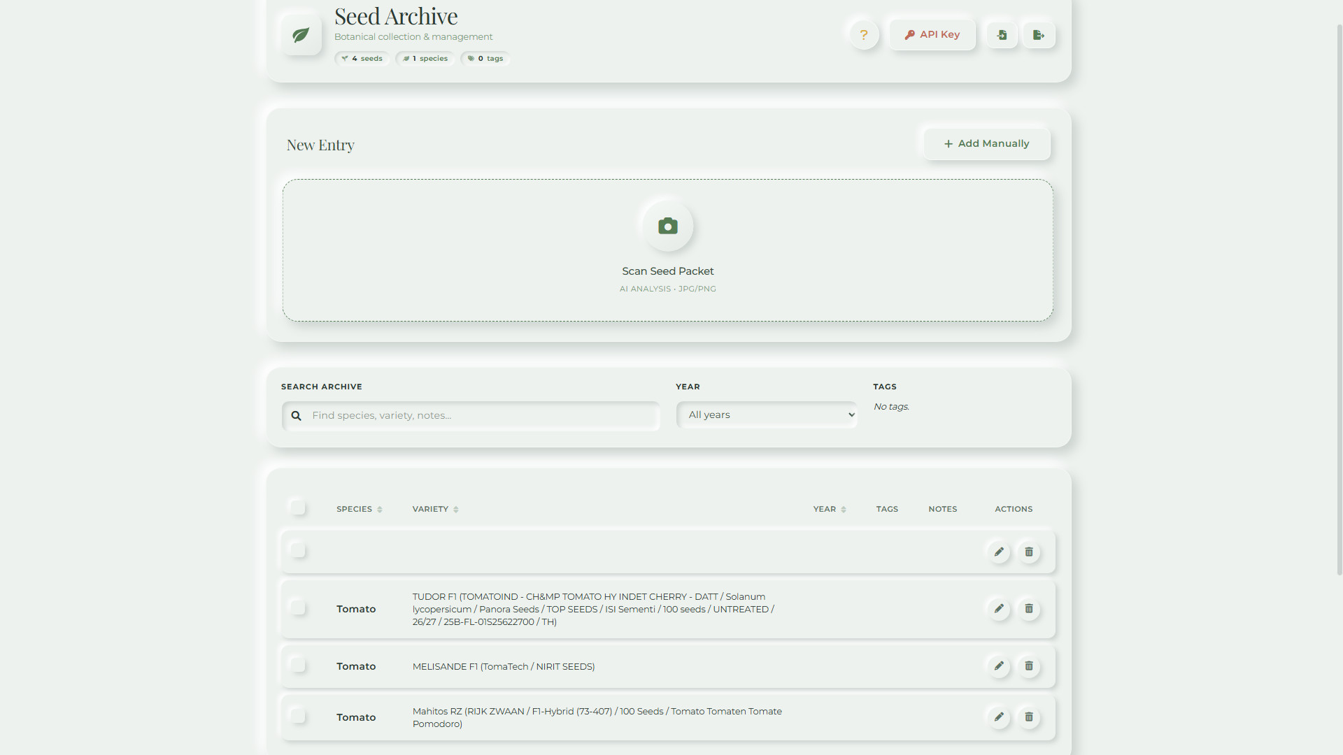 Seed Archive with packet scanning, searchable varieties and seed records