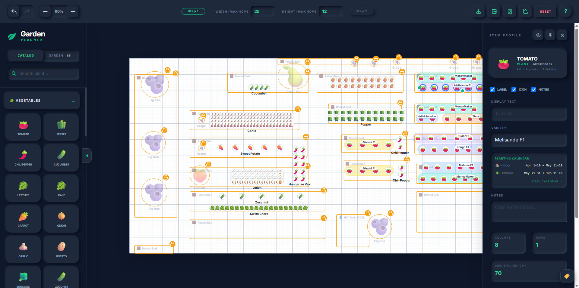 Garden Planner canvas with vegetable beds, plants and spacing controls